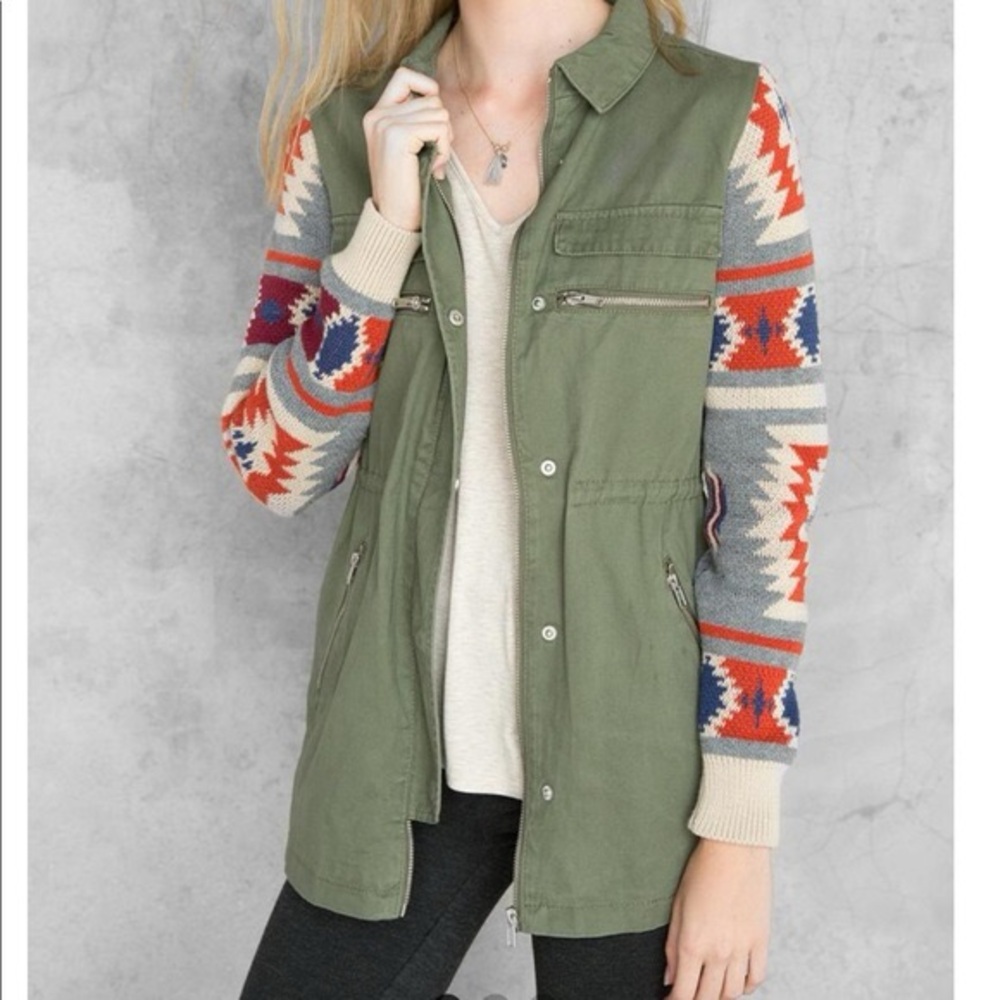 THREAD & SUPPLY Army Green Canvas Aztec Print Sweater Sleeve Anorak Jacket Large